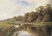Henry h.parker Cattle watering on a Riverbank (mk37) oil on canvas
